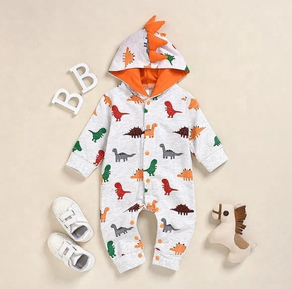 

Trendy Print Dinosaur Design Serrate Kid Onesie Hooded Jumpsuits for Baby, Customizable