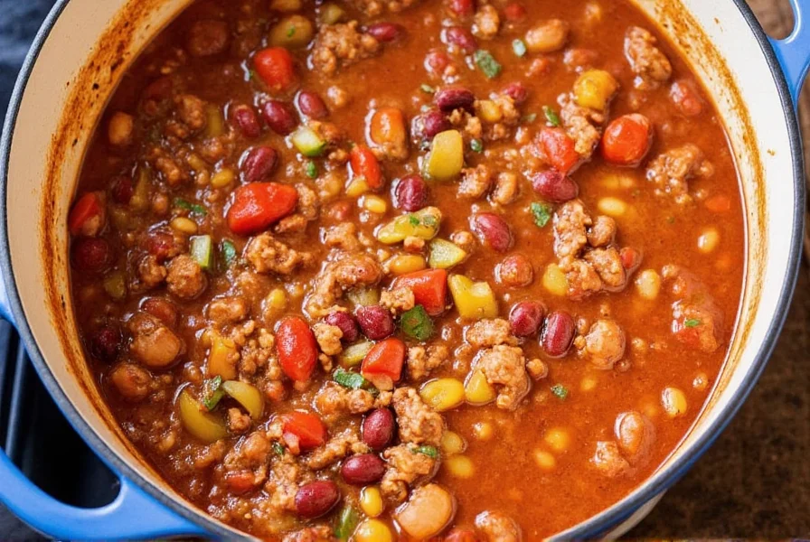 One-pot turkey chili recipe with ground turkey, beans, and vegetables simmering in a Dutch oven