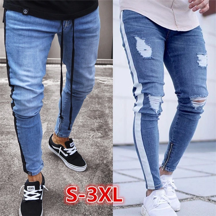 

Men's Fashion Stretchy Ripped Skinny Jeans Destroyed Denim Pants Mens Casual Elastic Waist Pencil Pants trousers, 3 colors