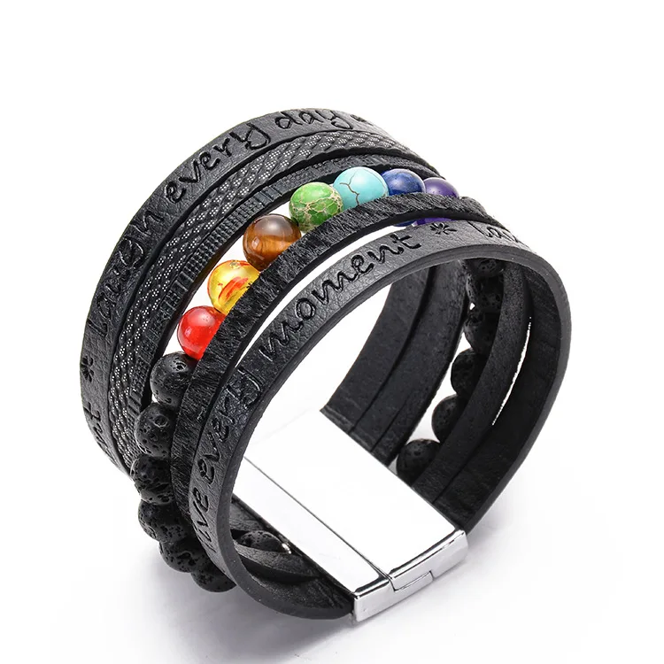 

Latest Multilayer Magnetic Clasp Leather Wrap Bracelet Healing Reiki Balance Yoga Lava Stone 7 Chakra Beaded Bracelet