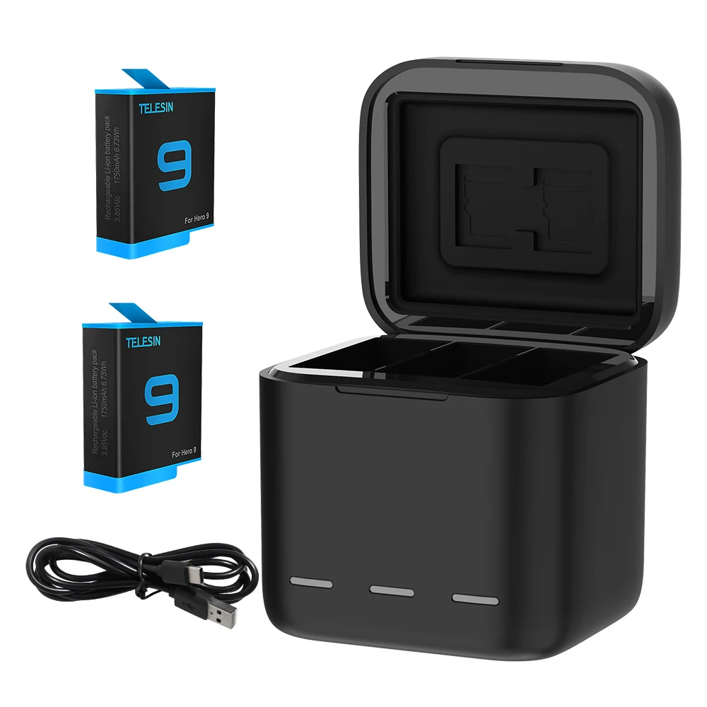 

Telesin Triple Charger Box and 2pcs Battery Kit Set with TF card and battery storage function for Go Pros Hero-9 battery, Black