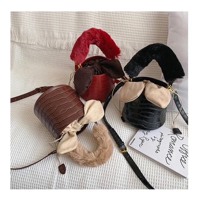 

Fall Winter Stone Pattern Drawstring Faux Fur Handle Ladies Bags Leather Handbags Shoulder Crossbody Purses Sac a Main Femme