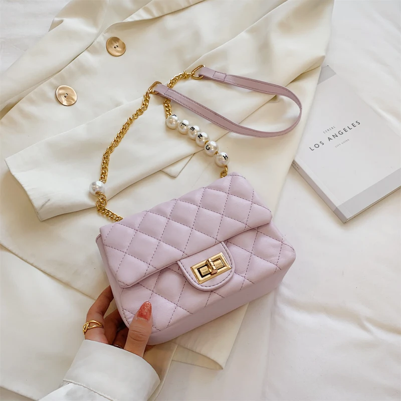 

Wholesale Custom High Quality Lady Shoulder Bag Soft Leather Bags Diamond Lattice Chain Women Handbags with Pearl Handle