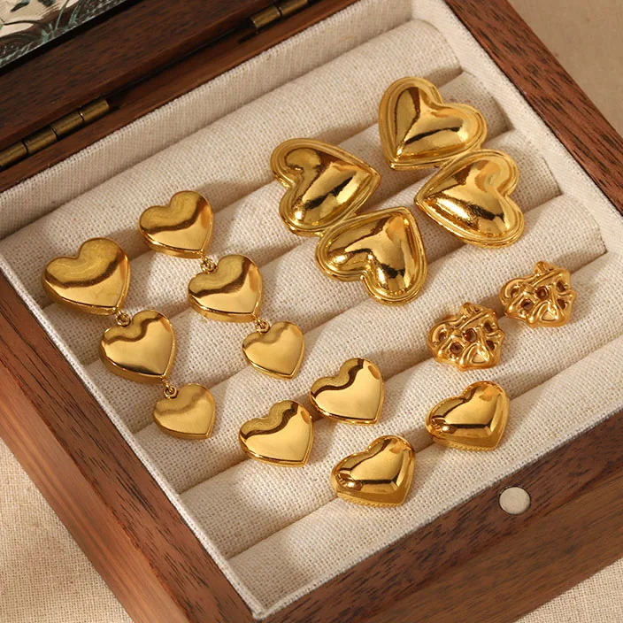 

G2139 INS 18K PVD Gold Plated Tarnish Free Double Big Chunky Heart Shaped Drop Earring Stainless Steel Heart Stud Earrings