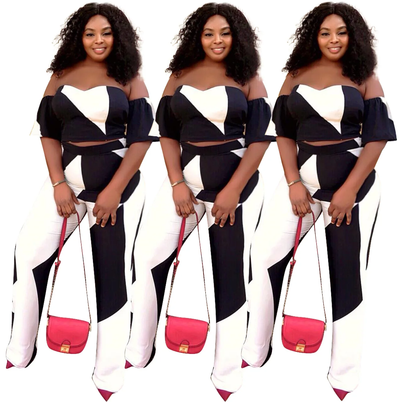 

New Arrival 2020 Spring black and white color dew shoulder sexy bodycon women two piece set FM-Y8021, As picture