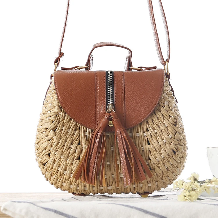 

CTB040 Best selling new paper rope woven handbags tassel small straw rattan beach bag