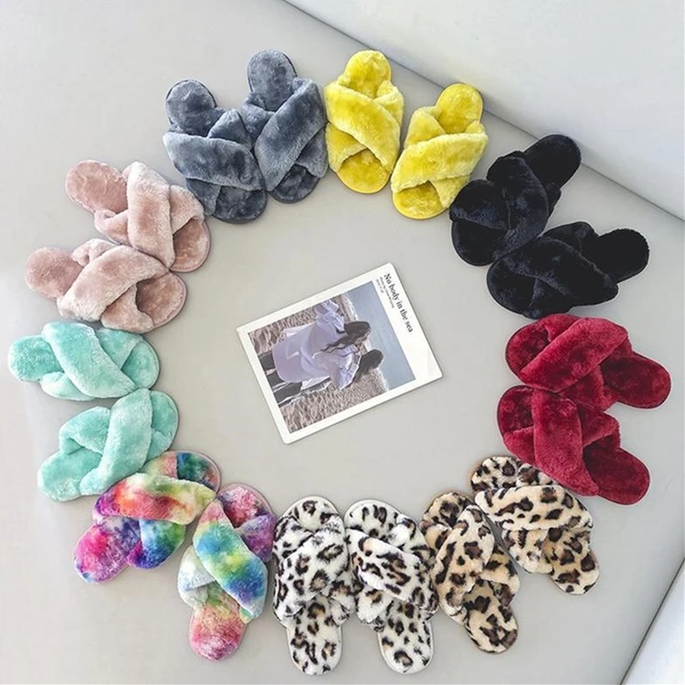 

amazon amazon design faux fur indoor women's slippers outdoor slides cross strap fluffy fur ladies sandals, Customized color