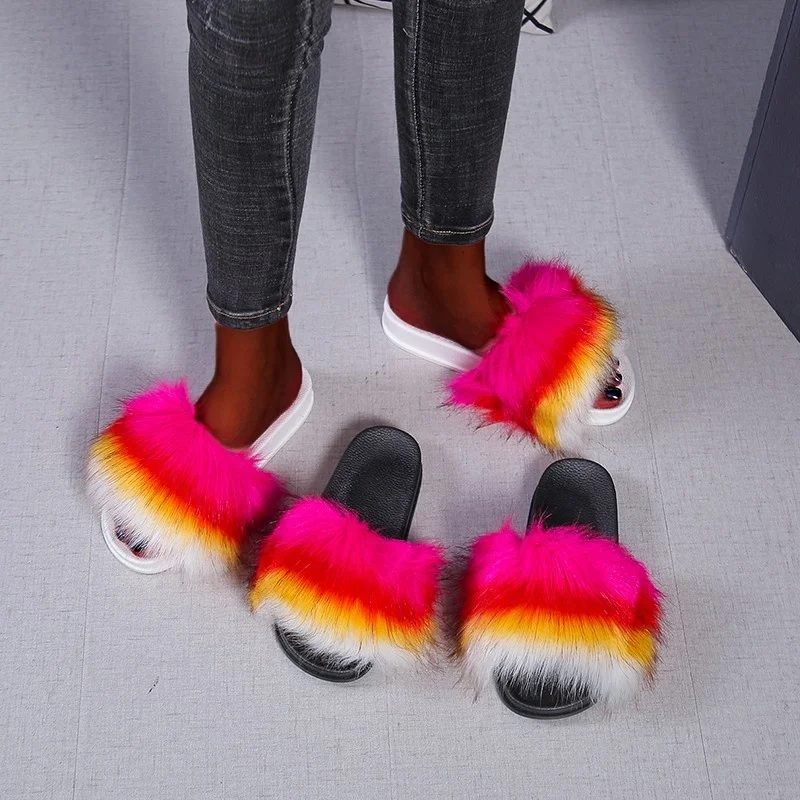 

Plush Faux Fur Fluffy Soft Slippers Slides Outdoor Furry Fuzzy Slipper For Women Open Toe, White, black