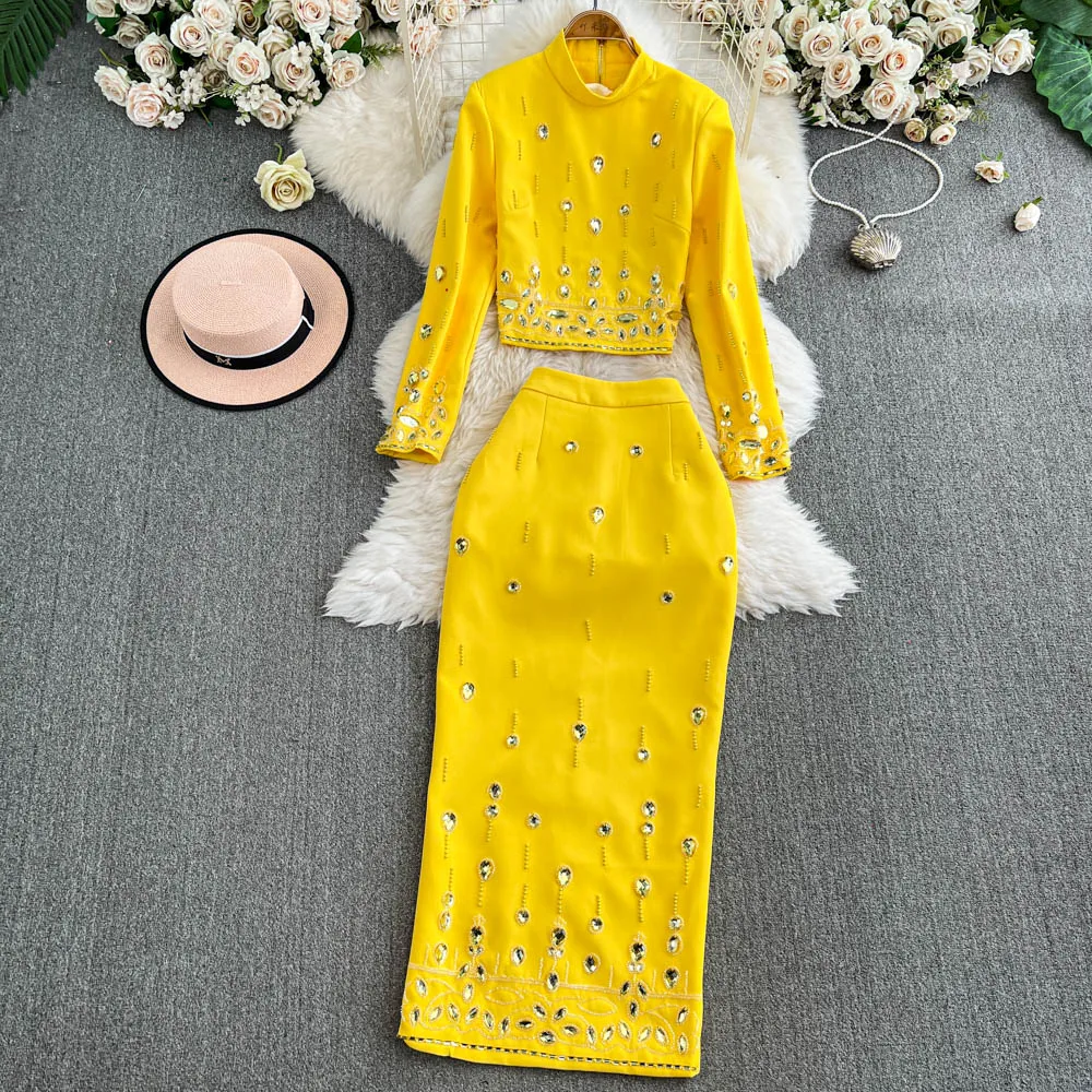 Skirt Two Piece Set for Ladies LW1181 Elegant Beaded Crystal Crop Top + High-Waist Slimming Skirt Set Two-Piece Ladies
