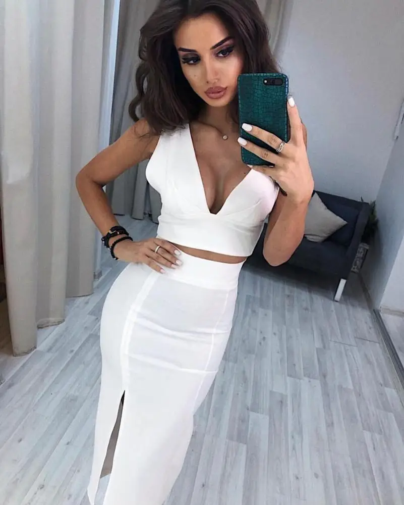 

Sexy deep V women dress with neck halter slit skirt two pieces dress fashion bodycon evening dress for women party wear