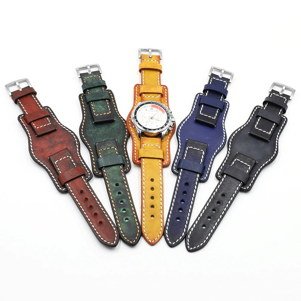 

Onthelevel Vintage Genuine Leather Cuff Watch Strap 18 20 22mm Watchband With Mat Black Brown Coffee Wristwatches Band, Black/yellow/red/green/blue