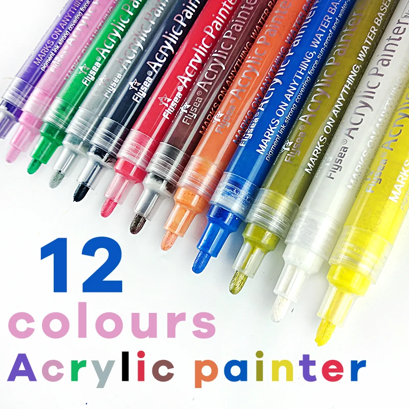 Flysea Non-Toxic 12 Colors Acrylic Paint Marker 3.0 Writing Width Acrylic Marker Pens