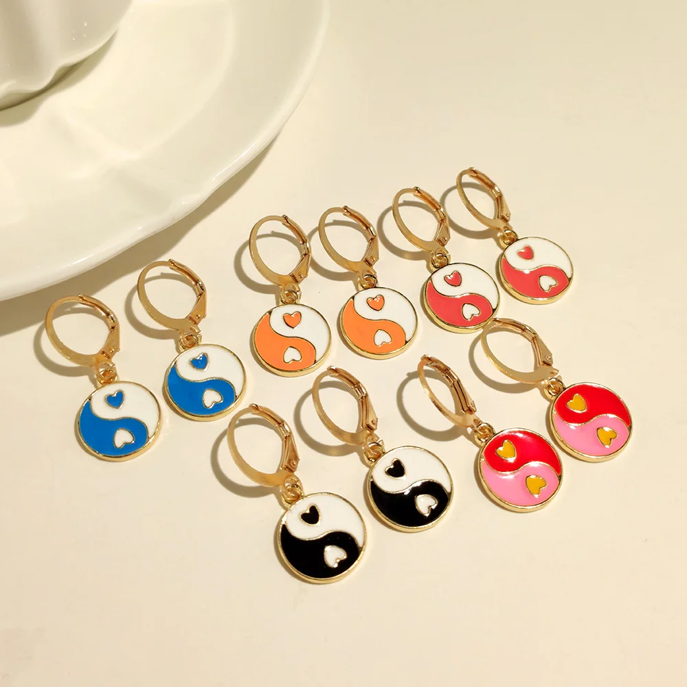 

Sweet Korean New Colorful Yin Yang Flowers Drop Earrings For Women Trendy Geometric Enamel Earrings, Gold silver plated