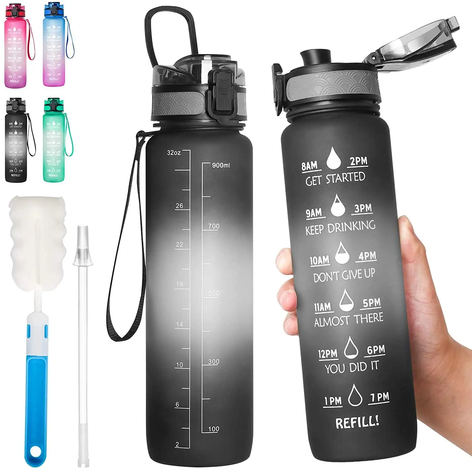 

32 oz Water Bottle with Time Marker-BPA Free Reusable Large Motivational Fitness Sports Water Bottle Leak Proof bottle bpa free, Gradient