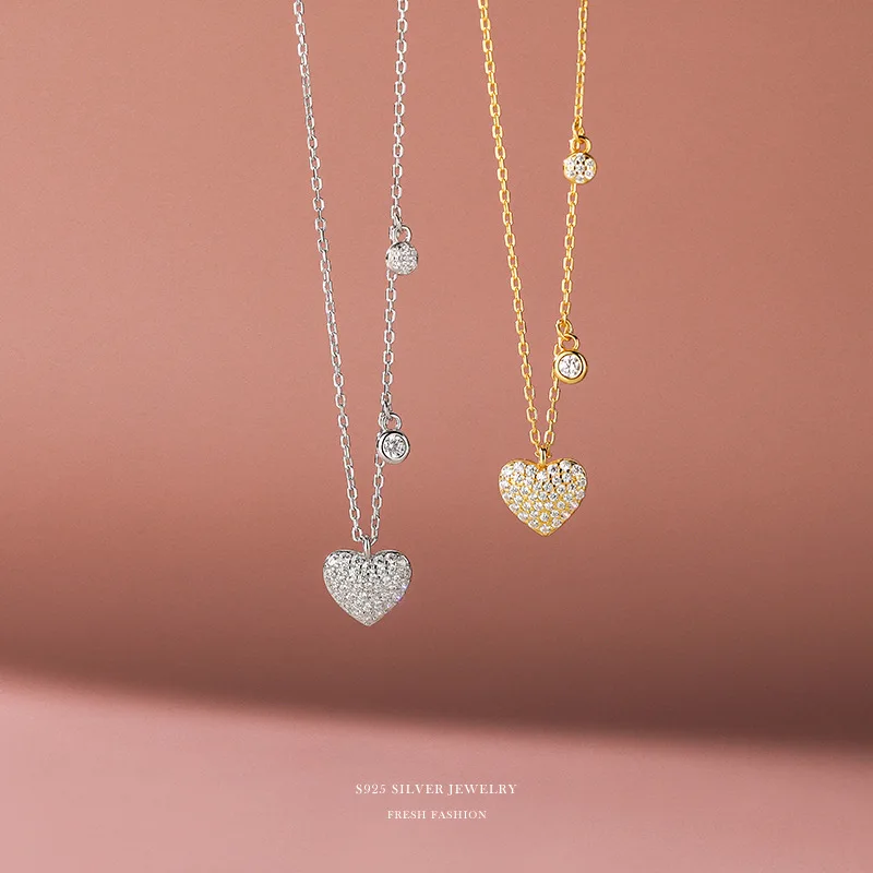 

Valentine's Day Gift 18K Gold Plated 925 Sterling Silver Full Diamond Heart Necklace S925 Silver Zircon Heart Pendant Necklace