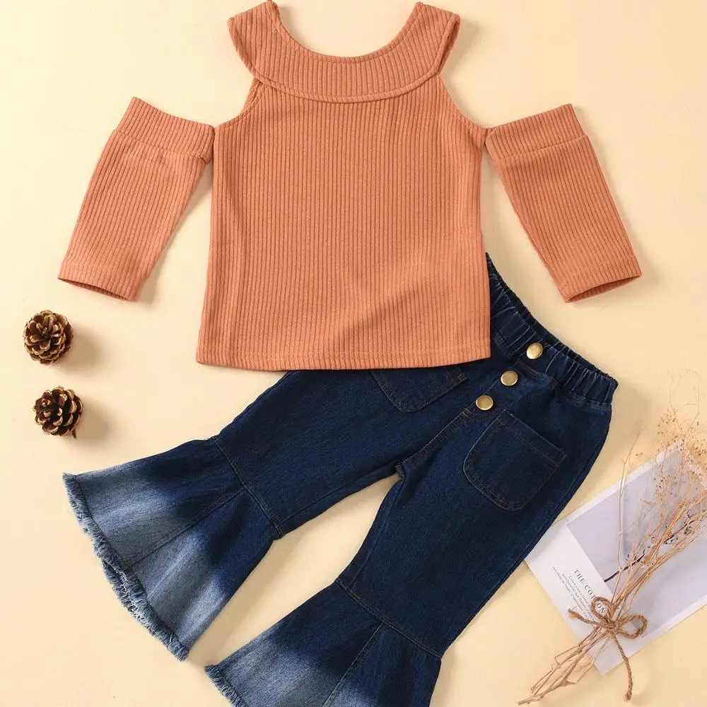 

wholesale Casual Toddler Girls Kid Off Shoulder Tops Denim Flare Pants two piece Spring autumn Outfits Set Clothes, As image shown