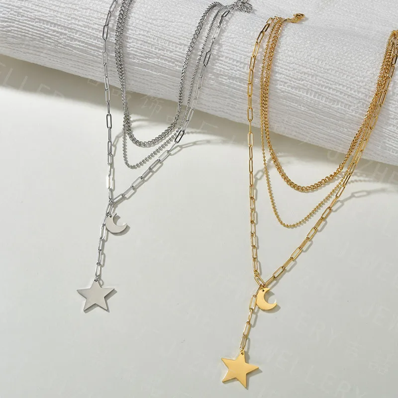 

Multi Layer 18k Gold Plated Stainless Steel Gold Star Moon Necklace Moon and Star Pendant Necklace, As pictures