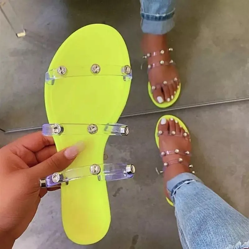 

Hotsale Summer Women Crystal Slippers Rivet Flat Soft Bling Female Neon Slides Beach Outdoor Shoes, Pink orange yellow black white