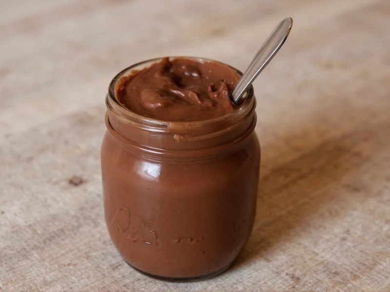 Homemade nutella in glass jar with spoon