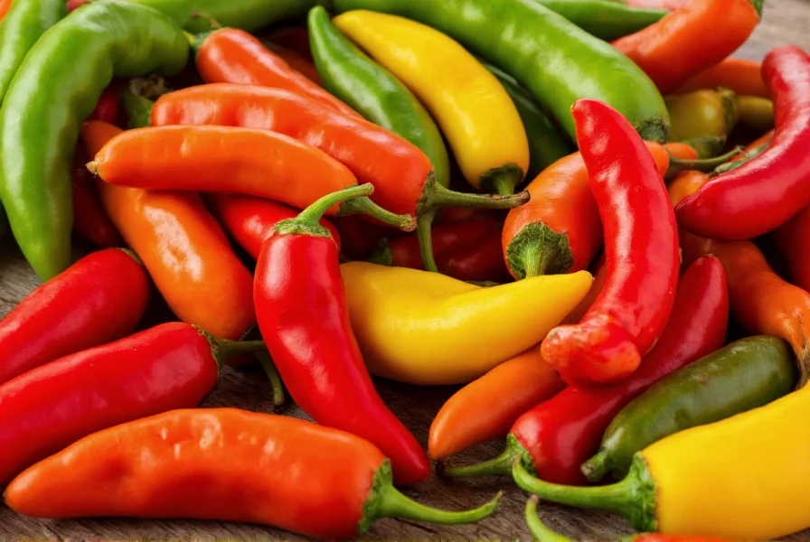 Close-up view of various chili peppers showing different colors, shapes, and sizes on wooden table