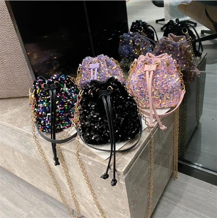 

women Sequin chain shoulder bag fashion simple pumping mini bucket bag, 5 colors