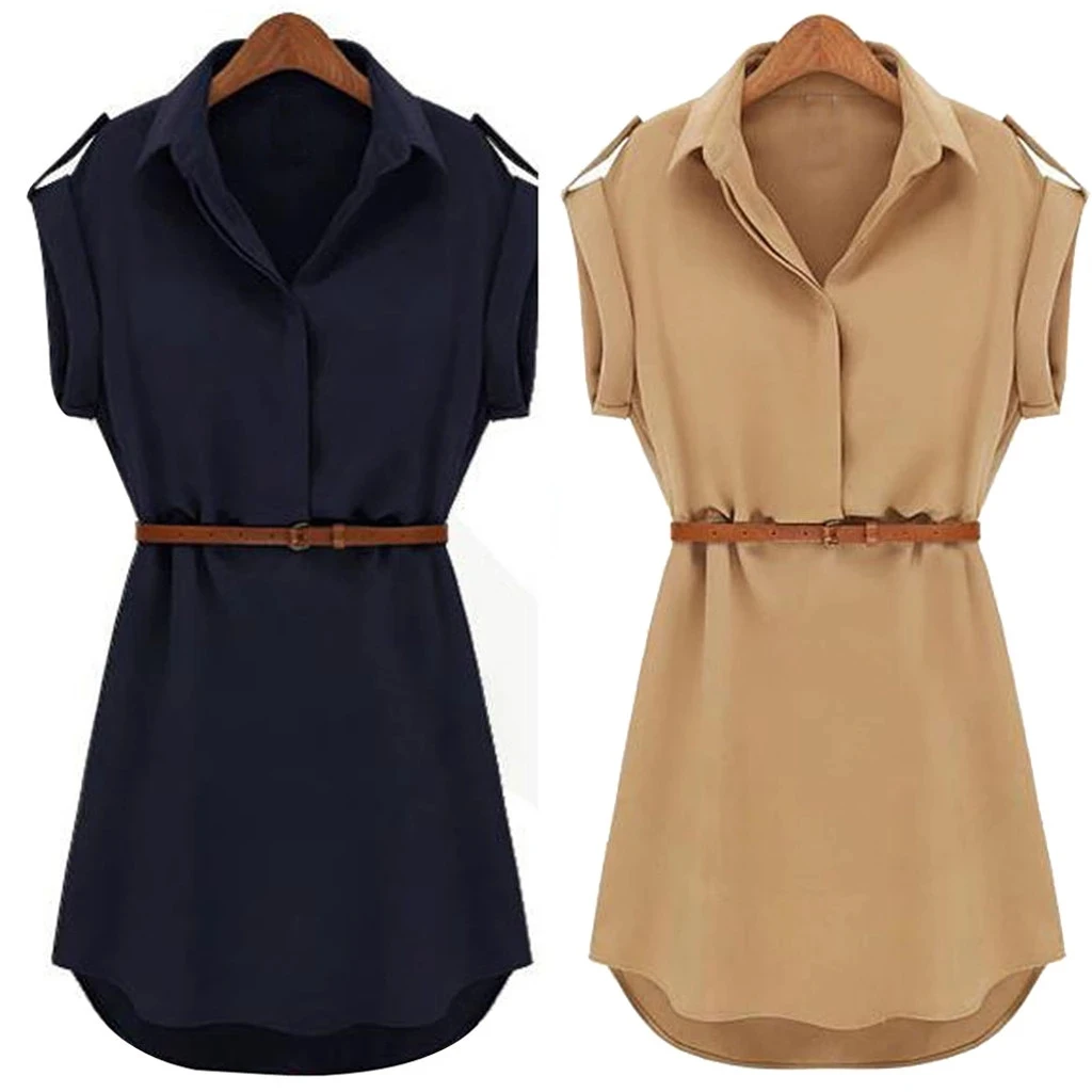 

Women Casual Summer Loose Short Sleeve Dress With Belt