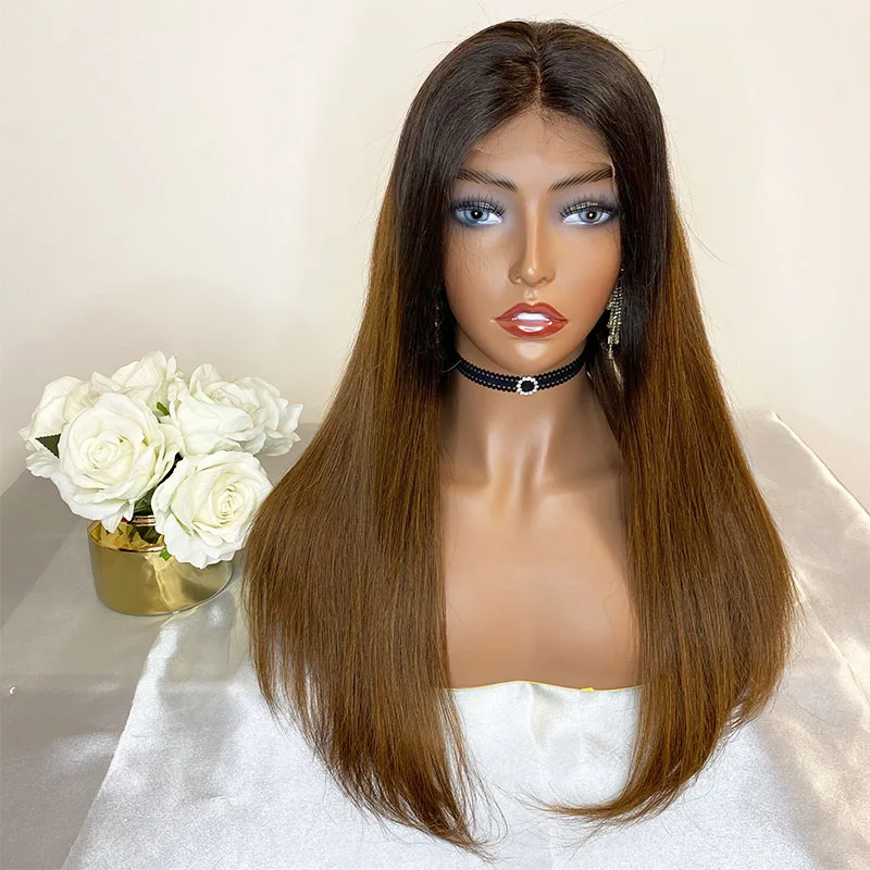 

4*4 Closure Wig Middle Part 1Bt#4 Ombre Wigs 150%Desity Pre Plucked Lace Closure Wigs Straight Bleached Knots