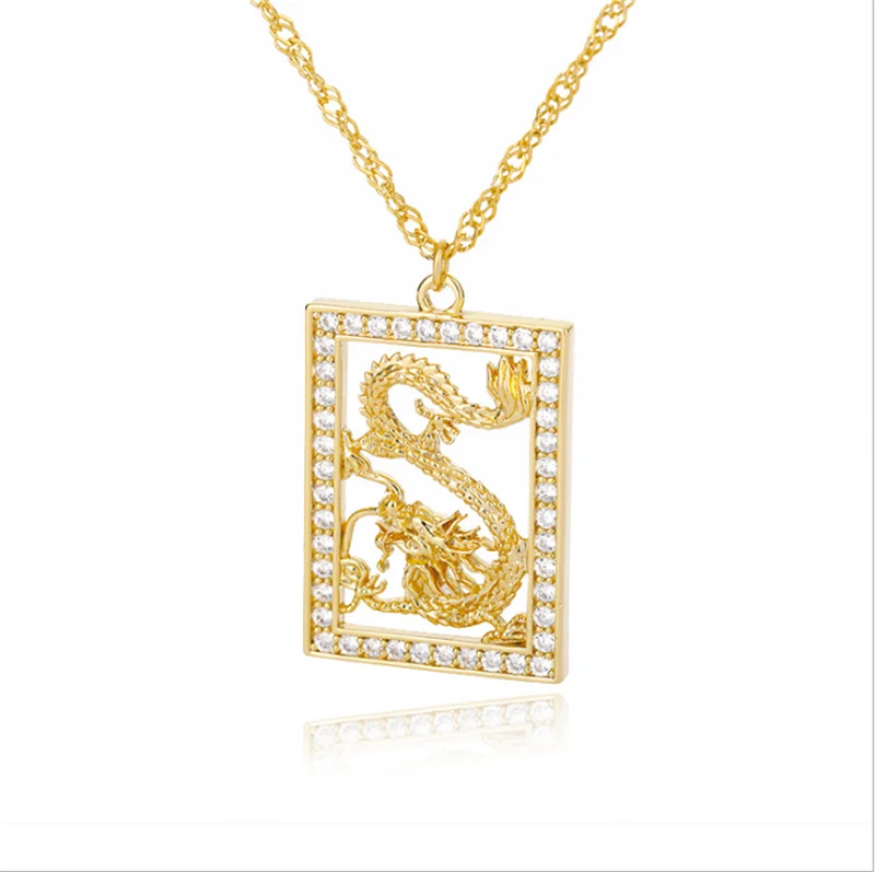 

Hip Hop Crystal CZ Zircon Gold Square Stainless Steel Dragon Necklace Pendant For Men Women Jewelry