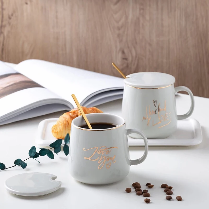 

Zogift European Gold Plated Creative Ceramic Coffee Cups Mugs with Spoon Sublimation Household Ceramic Coffee Cup Mug, As per picture
