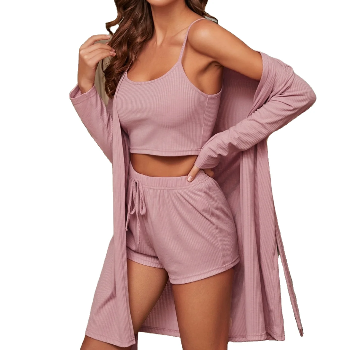 

Customized three piece cotton woman nightgown soft lounge wear women solid cami top & shorts & robe 3 piece pajama set, Picture shows