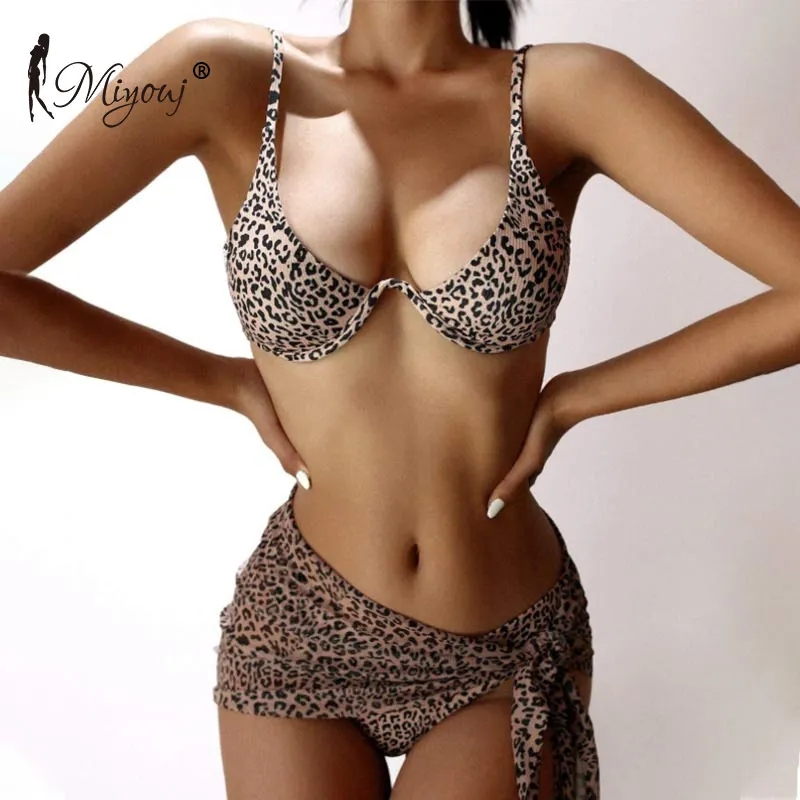 

Miyouj Women beach wear retro leopard swimsuit female push up underwire swimwear three piece bikini sets with wrap, Customized colors