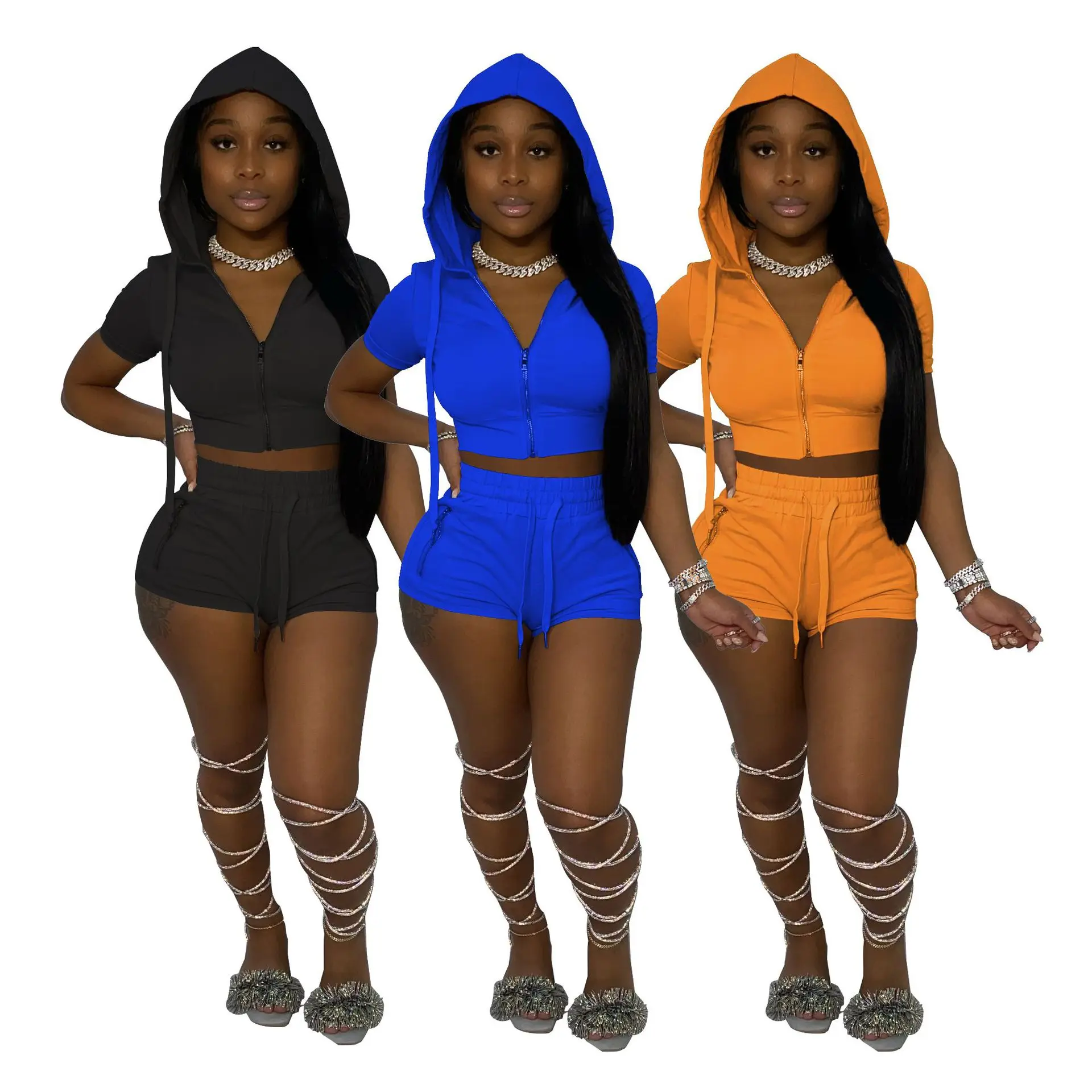 

Women's spring/summer hooded zip short sleeve shorts 2 pieces set, Different color