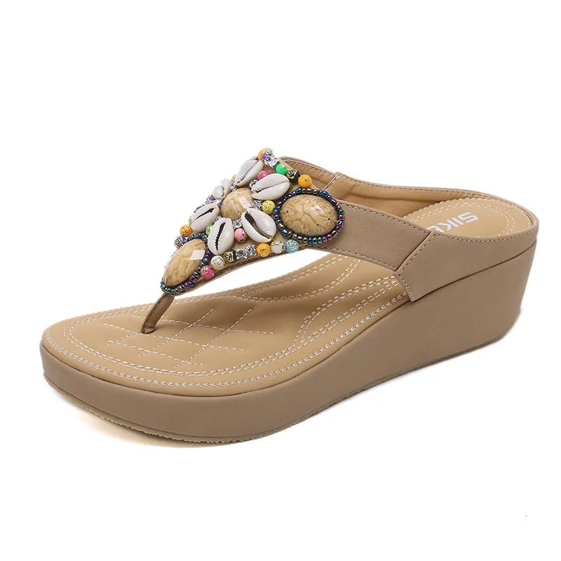 

Dropshipping Seaside Beach Trend Ladies Sandals And Slippers Solid Color Flip-Flops Shell Beaded Women Wedge Sandals