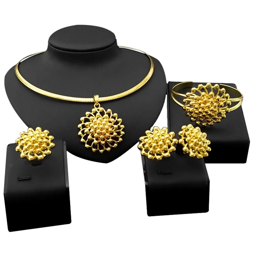 

Yulaili Exquisite Brazilian Gold Necklace Jewelleries Set Daily Inexpensive Women's Bracelet Earring Ring Fashion Jewelry Sets