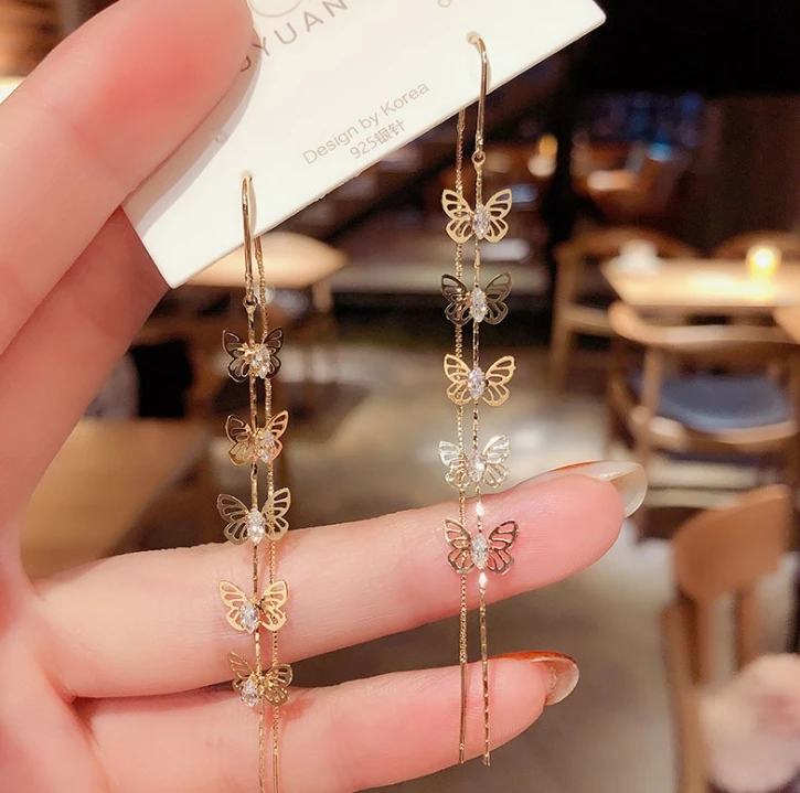 

2021 new fashion butterfly tassel ear line female Korean earrings long earrings jewelry