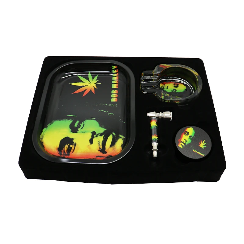 

Factory Wholesale 4 Piece Smoking Set Cigar Smoking Pipe Weed Rolling Tray Ashtray Herb Grinder smoking accessories set