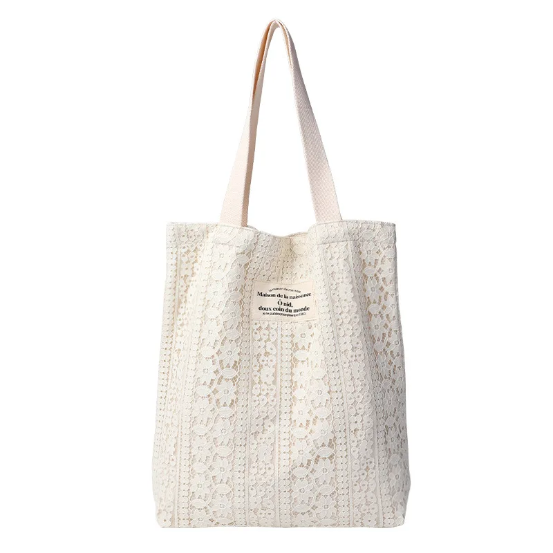 

New literary canvas women's bag leisure letter printing handbag net red fashion lace hollowed out shoulder bag
