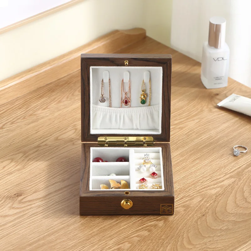 

Luxury Custom Logo Small Wood Jewelry Box Portable Travel Jewellery Storage Case Wooden Wedding Ring Earring Necklace Organizer