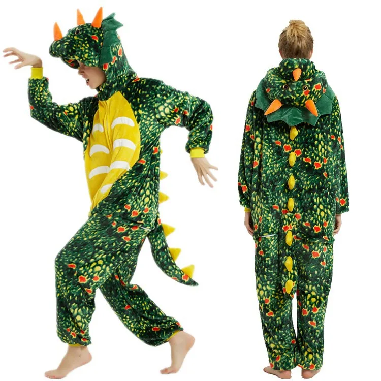 

Flannel Animal Pajamas Dinosaur Tiger Cartoon Fluffy Home Wear for Men and Women Adult With Hooded
