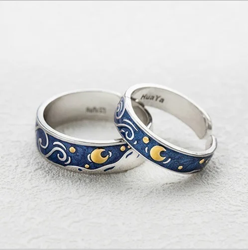

Starry Night Van Gogh Rings Adjustable Vintage Silver Stainless Steel Wedding Rings Matching Couple Ring Set for Couples