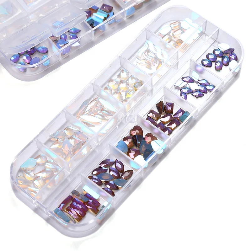 

Wholesale mix boxed aurora color flatback shaped rhinestones shinning nail art stone for craft accessories