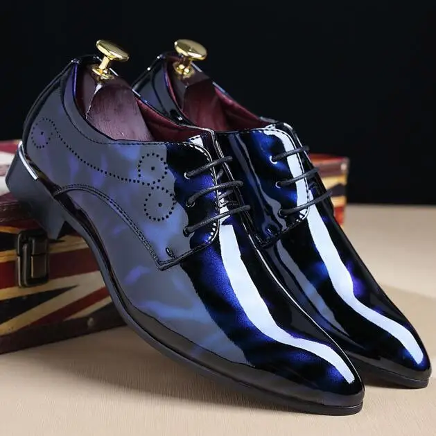 

Hot selling plus size 50 men dress shoes italian design patent leather pointed toe oxford formal shoes dress shoes, Black,blue,wine red