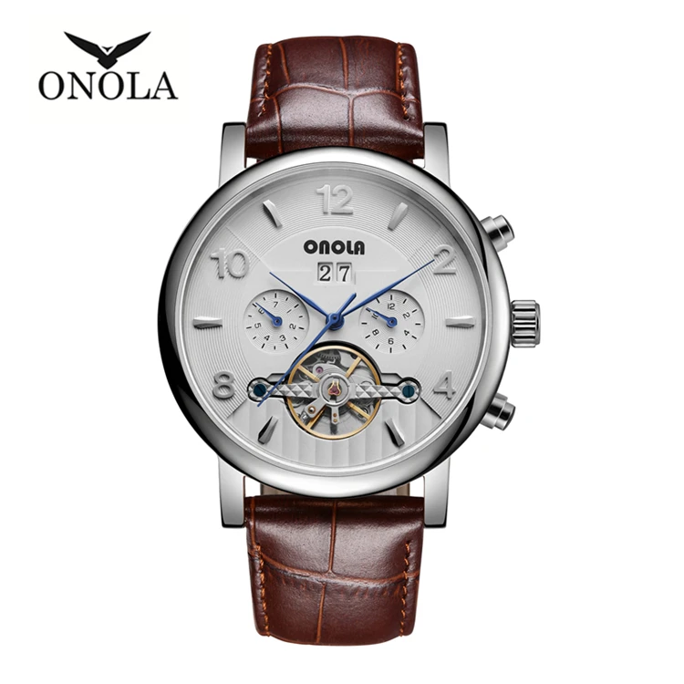 

ONOLA 6801 Brand Men's Wristwatches Multifunction Mechanical Automatic Man Watches Tourbillon Leather Waterproof Men clocks