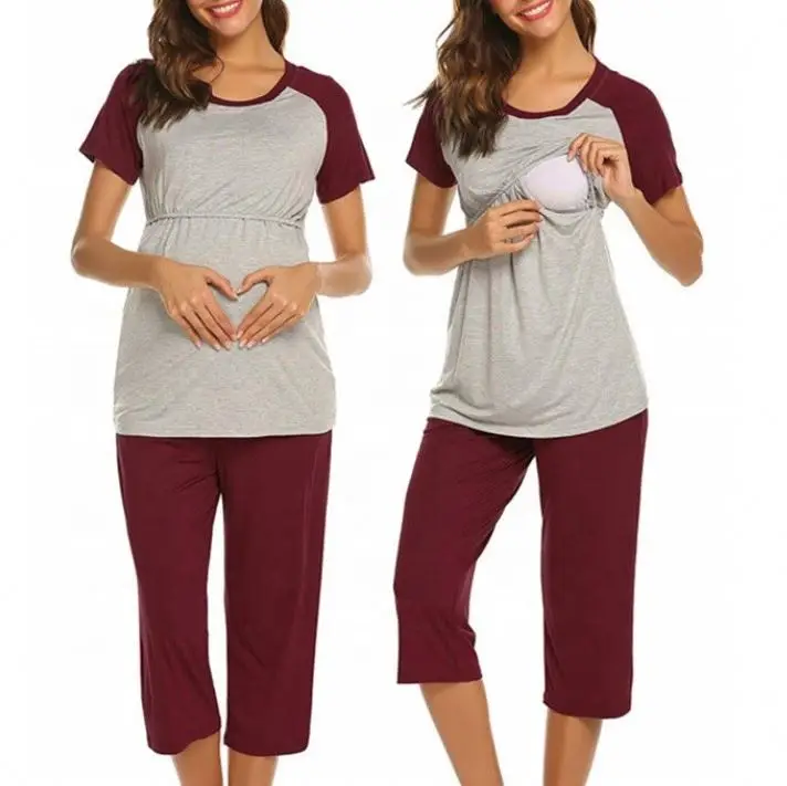 

aliexpress bestseller maternity pajamas mother breastfeeding clothes tops adjustable pregnancy maternity pants nursing clothes b, Dark red, dark blue