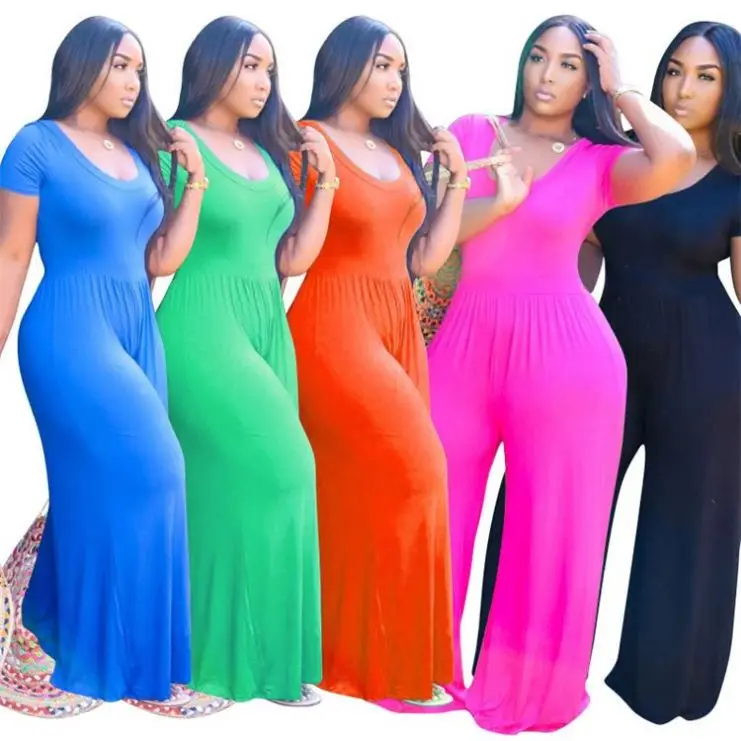 

High Quality Women Jumpsuits 2021 Solid Color Short Sleeve Wide Leg Plus Size Women One Piece Jumpsuits And Rompers