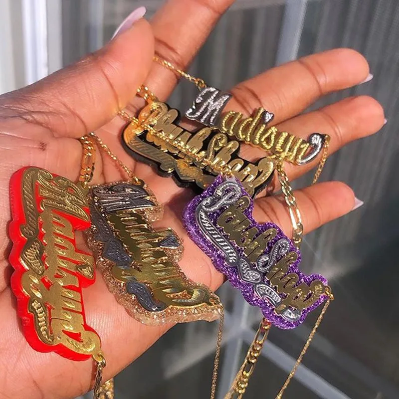 

Hip Hop Letter Necklace Name Crystal Double Plated Name Necklace Old English Custom Carving Batch of Flowers for Gifts