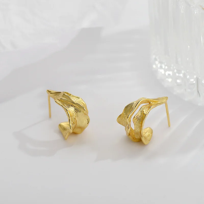

18k Gold Plated Irregular Textured Semi Circle Earrings 925 Sterling Silver Wide C Shape Stud Earrings