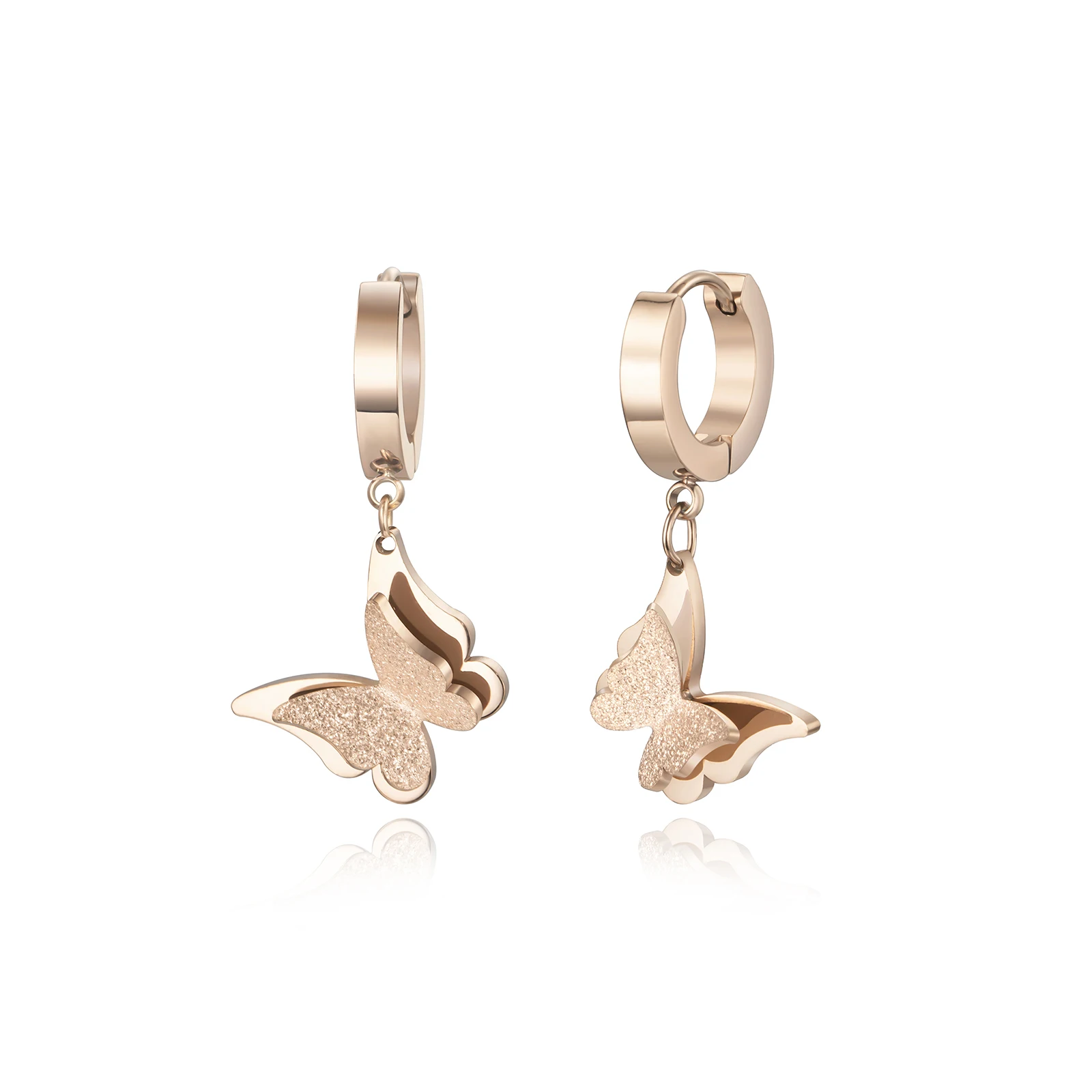 

Trendy Stainless Steel Cute Sweet Ladies Rose Gold Plated Letter Star Huggie Hoop Zircon Butterfly Earrings, Picture shown