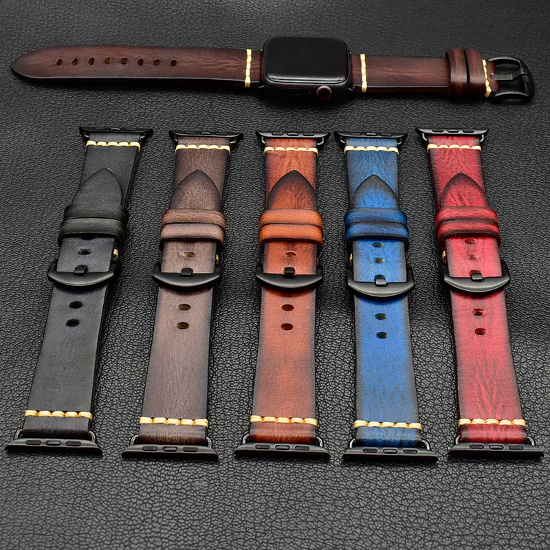 

For apple watch band Genuine Leather iwatch Strap Replacement Band with Stainless Metal Clasp, Royal blue/red/gray black/yellow brown/dark brown/elephant gray