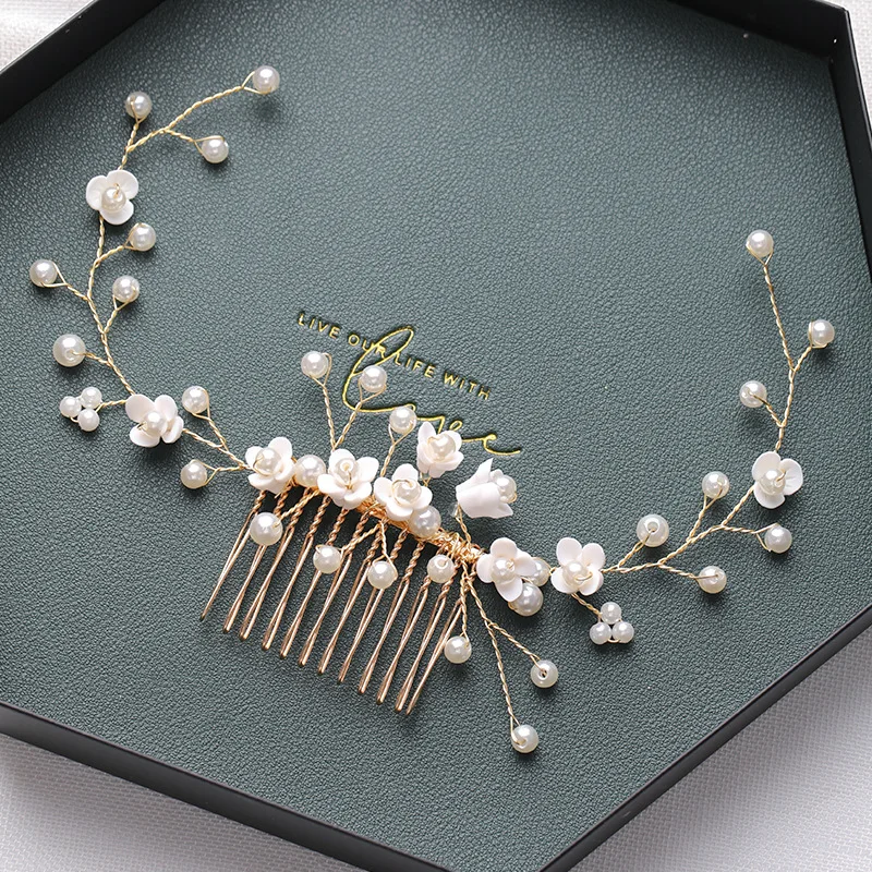 

Wholesale Vintage Gold Pearl Flower Fancy Wedding Hair Combs Hair piece Jewelry for braids, Rose gold